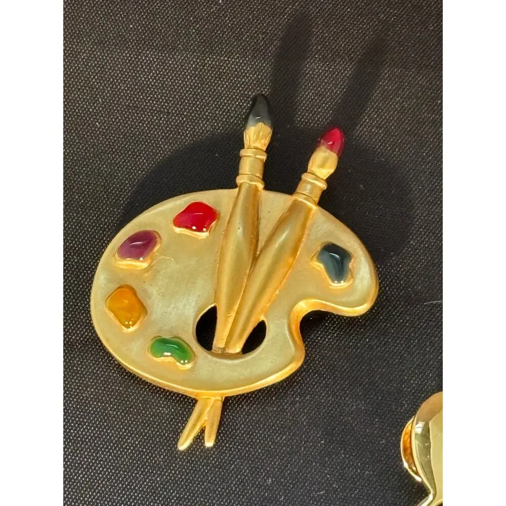 Vintage Gold Tone Jewelry Lot 3 Lapel Pins Artist Palette Heart